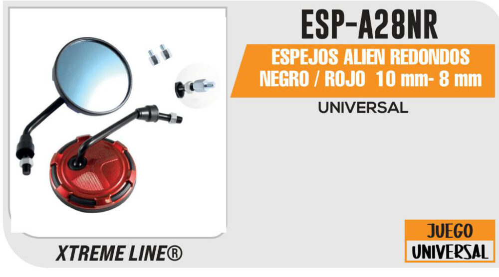 ESPEJOS ALIEN REDONDOS NEGROS / ROJO 10mm - 8mm