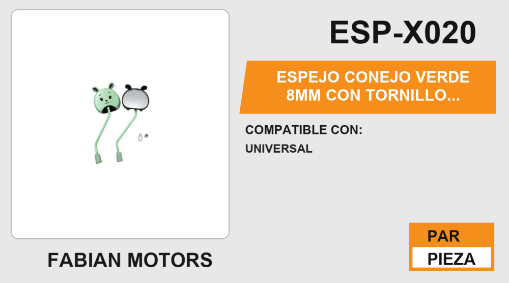 ESPEJO CONEJO VERDE 8mm CON TORNILLO ADAPTADOR 8mm - 10mm