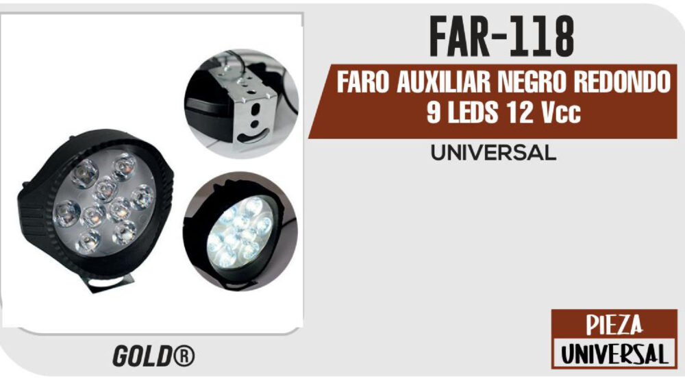 FARO AUXILIAR NEGRO REDONDO 9 LEDS 12Vcc
