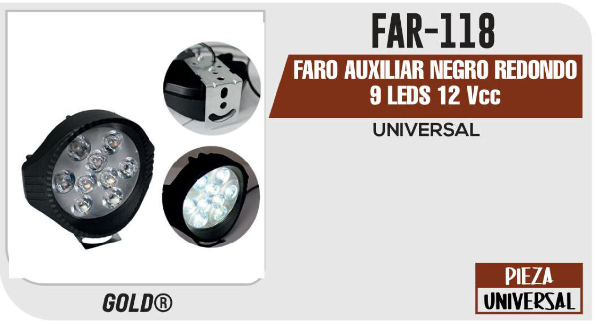 FARO AUXILIAR NEGRO REDONDO 9 LEDS 12Vcc