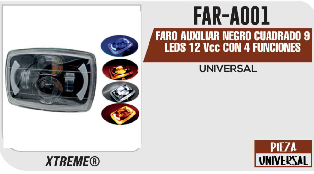 FARO AUXILIAR NEGRO CUADRADO 9 LEDS 12Vcc CON 4 FUNCIONES