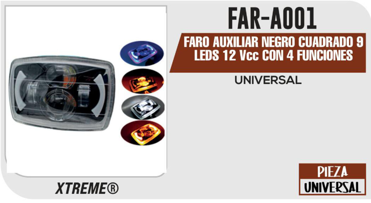 FARO AUXILIAR NEGRO CUADRADO 9 LEDS 12Vcc CON 4 FUNCIONES