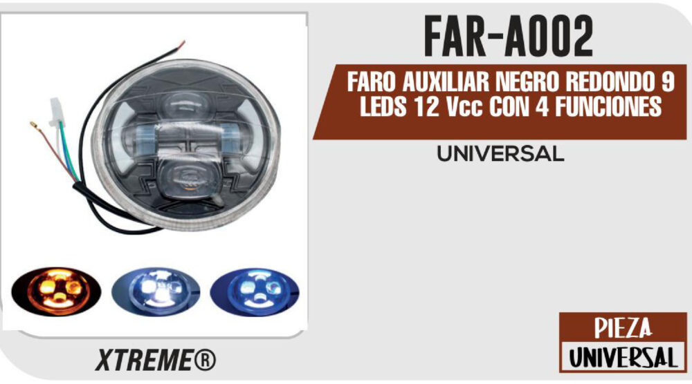 FARO AUXILIAR NEGRO REDONDO 9 LEDS 12Vcc CON 4 FUNCIONES