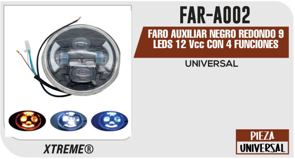 FARO AUXILIAR NEGRO REDONDO 9 LEDS 12Vcc CON 4 FUNCIONES