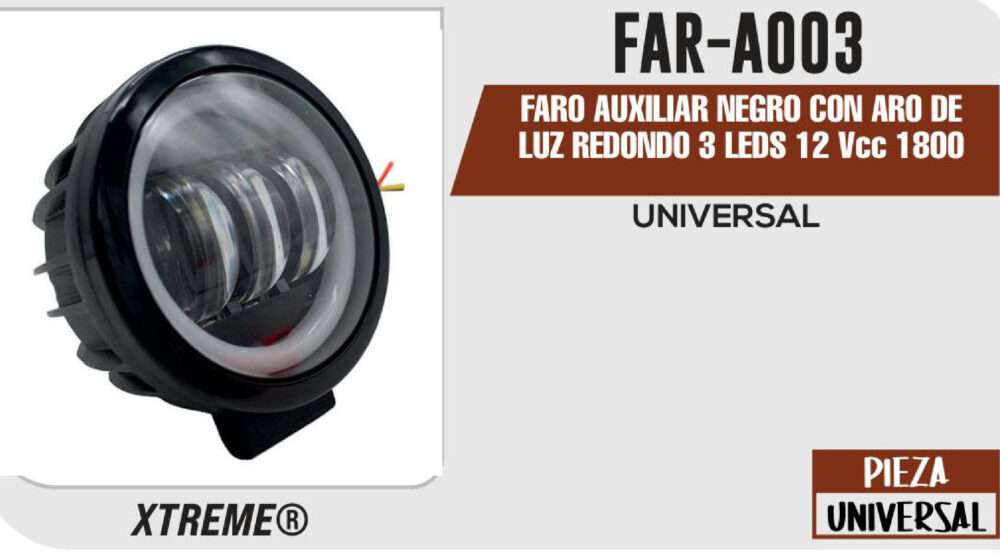 FARO AUXILIAR NEGRO CON ARO DE LUZ REDONDO 3 LEDS 12Vcc 1800 LUMENES