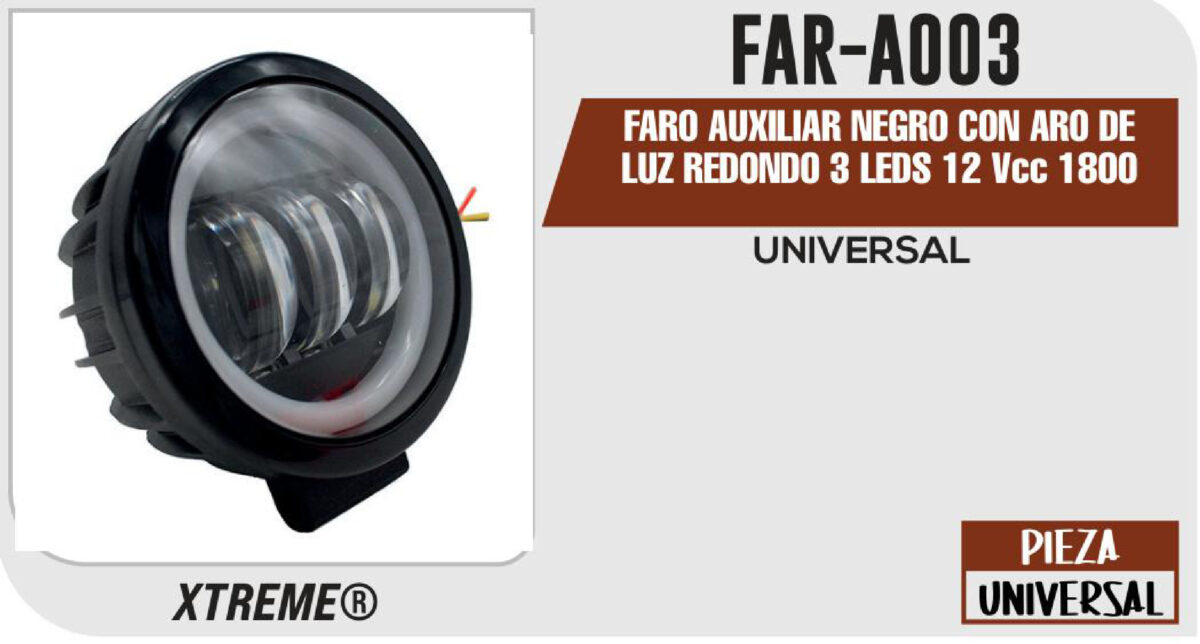 FARO AUXILIAR NEGRO CON ARO DE LUZ REDONDO 3 LEDS 12Vcc 1800 LUMENES