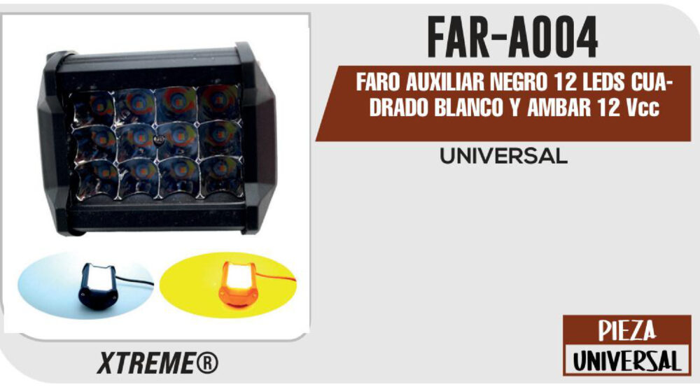 FARO AUXILIAR NEGRO 12 LEDS CUADRADO BLANCO Y AMBAR 12Vcc