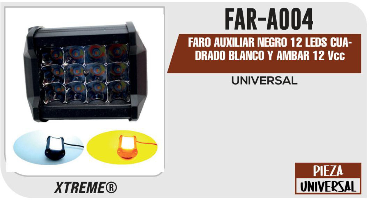 FARO AUXILIAR NEGRO 12 LEDS CUADRADO BLANCO Y AMBAR 12Vcc