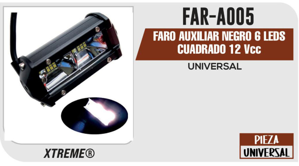 FARO AUXILIAR NEGRO 6 LEDS CUADRADO 12Vcc