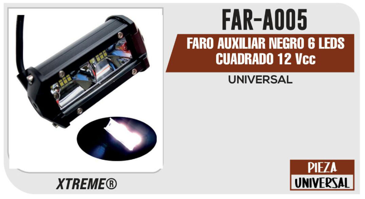 FARO AUXILIAR NEGRO 6 LEDS CUADRADO 12Vcc