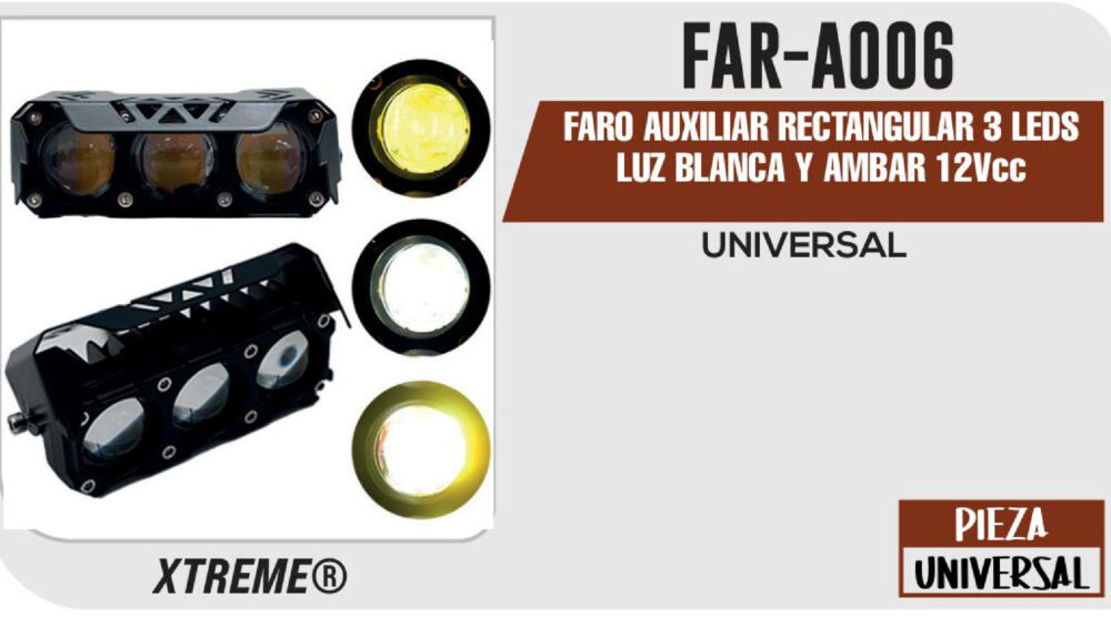FARO AUXILIAR RECTANGULAR 3 LEDS LUZ BLANCA Y AMBAR 12Vcc