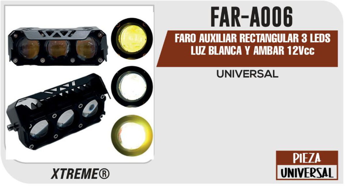 FARO AUXILIAR RECTANGULAR 3 LEDS LUZ BLANCA Y AMBAR 12Vcc