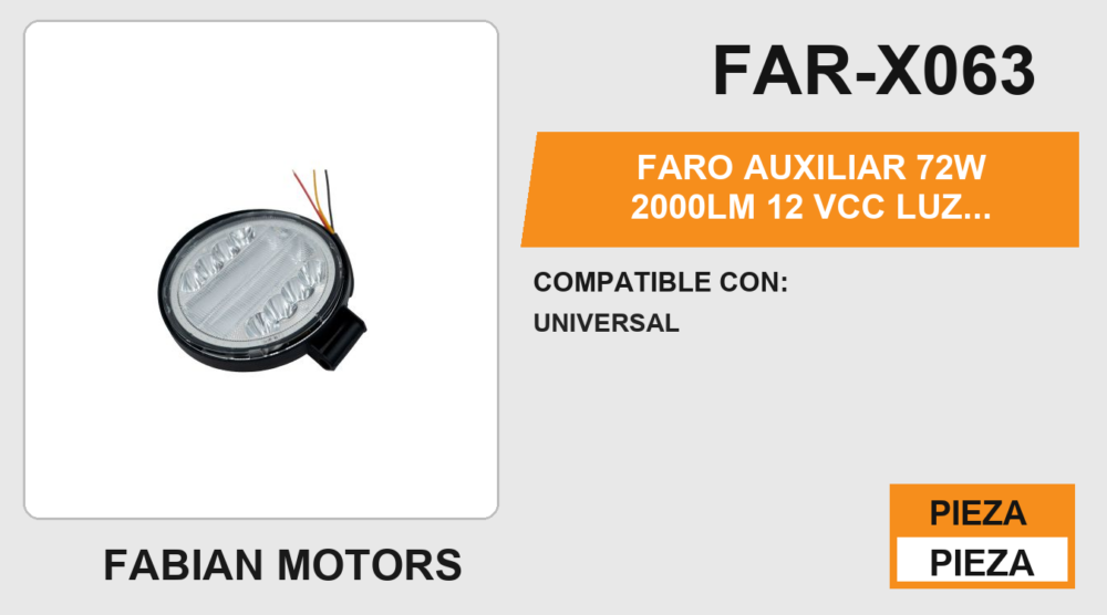 FARO AUXILIAR 72W 2000LM 12Vcc LUZ BLANCA BORDE AZUL