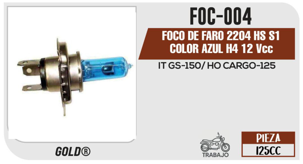 FOCO DE FARO 2204 HS S1 COLOR AZUL H4 12Vcc Empaque (20 Piezas)