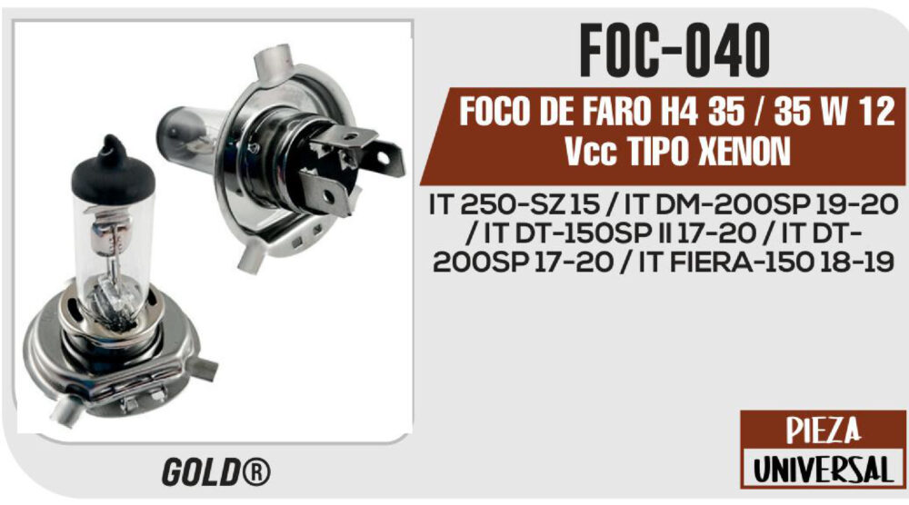 FOCO DE FARO H4 35 / 35 W 12Vcc TIPO XENON Empaque (10 Piezas)