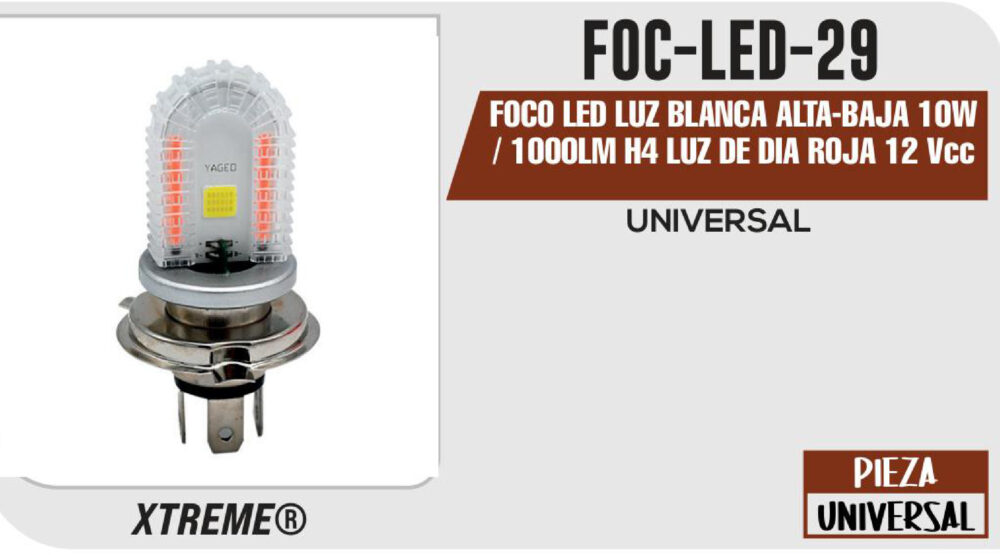 FOCO LED LUZ BLANCA ALTA-BAJA 10W / 1000LM H4 LUZ DE DIA ROJA 12Vcc