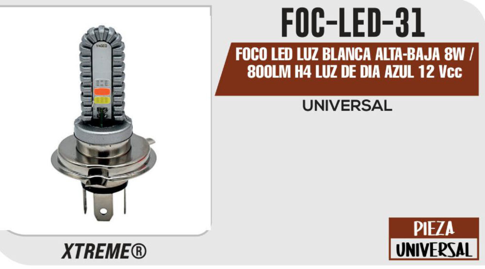 FOCO LED LUZ BLANCA ALTA-BAJA 8W / 800LM H4 LUZ DE DIA AZUL 12Vcc