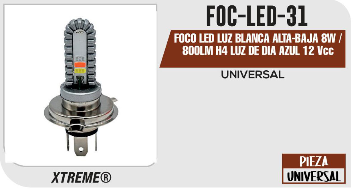 FOCO LED LUZ BLANCA ALTA-BAJA 8W / 800LM H4 LUZ DE DIA AZUL 12Vcc
