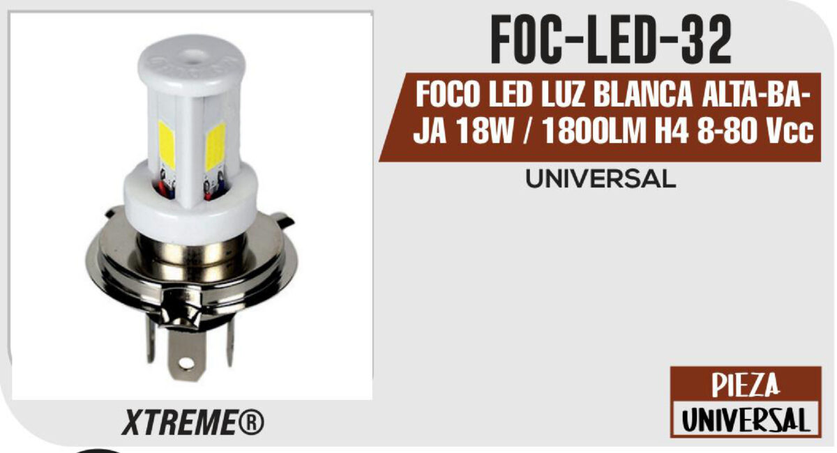FOCO LED LUZ BLANCA ALTA-BAJA 18W / 1800LM H4 8-80 Vcc / Vca