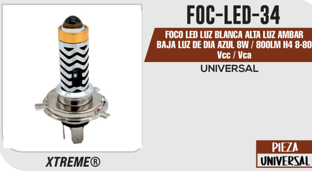 FOCO LED LUZ BLANCA ALTA LUZ AMBAR BAJA LUZ DE DIA AZUL 8W / 800LM H4 8-80 Vcc / Vca