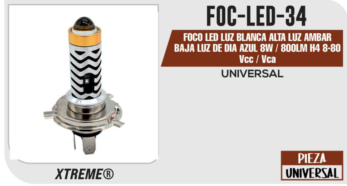 FOCO LED LUZ BLANCA ALTA LUZ AMBAR BAJA LUZ DE DIA AZUL 8W / 800LM H4 8-80 Vcc / Vca