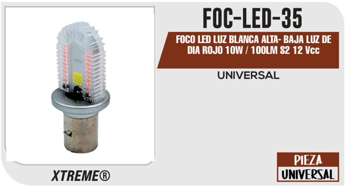 FOCO LED LUZ BLANCA ALTA- BAJA LUZ DE DIA ROJO 10W / 100LM S2 12Vcc