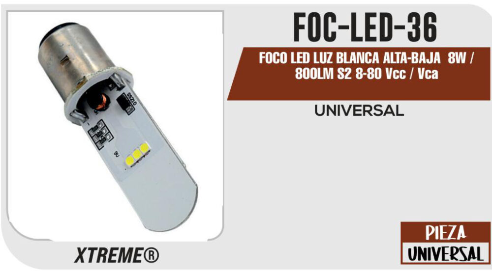 FOCO LED LUZ BLANCA ALTA-BAJA 8W / 800LM S2 8-80 Vcc / Vca
