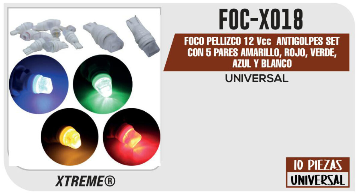 FOCO PELLIZCO 12Vcc ANTIGOLPES SET CON 5 PARES AMARILLO, ROJO, VERDE, AZUL Y BLANCO