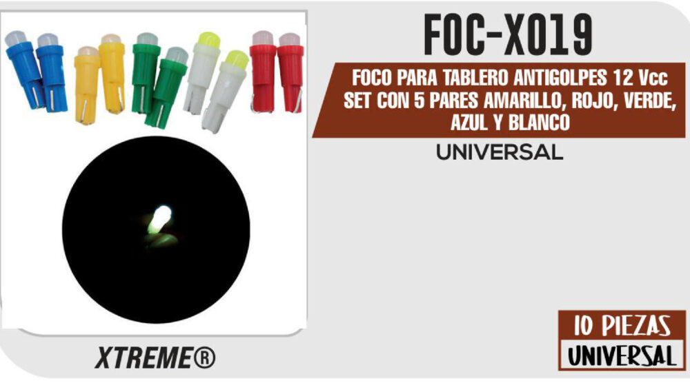 FOCO PARA TABLERO ANTIGOLPES 12Vcc SET CON 5 PARES AMARILLO, ROJO, VERDE, AZUL Y BLANCO