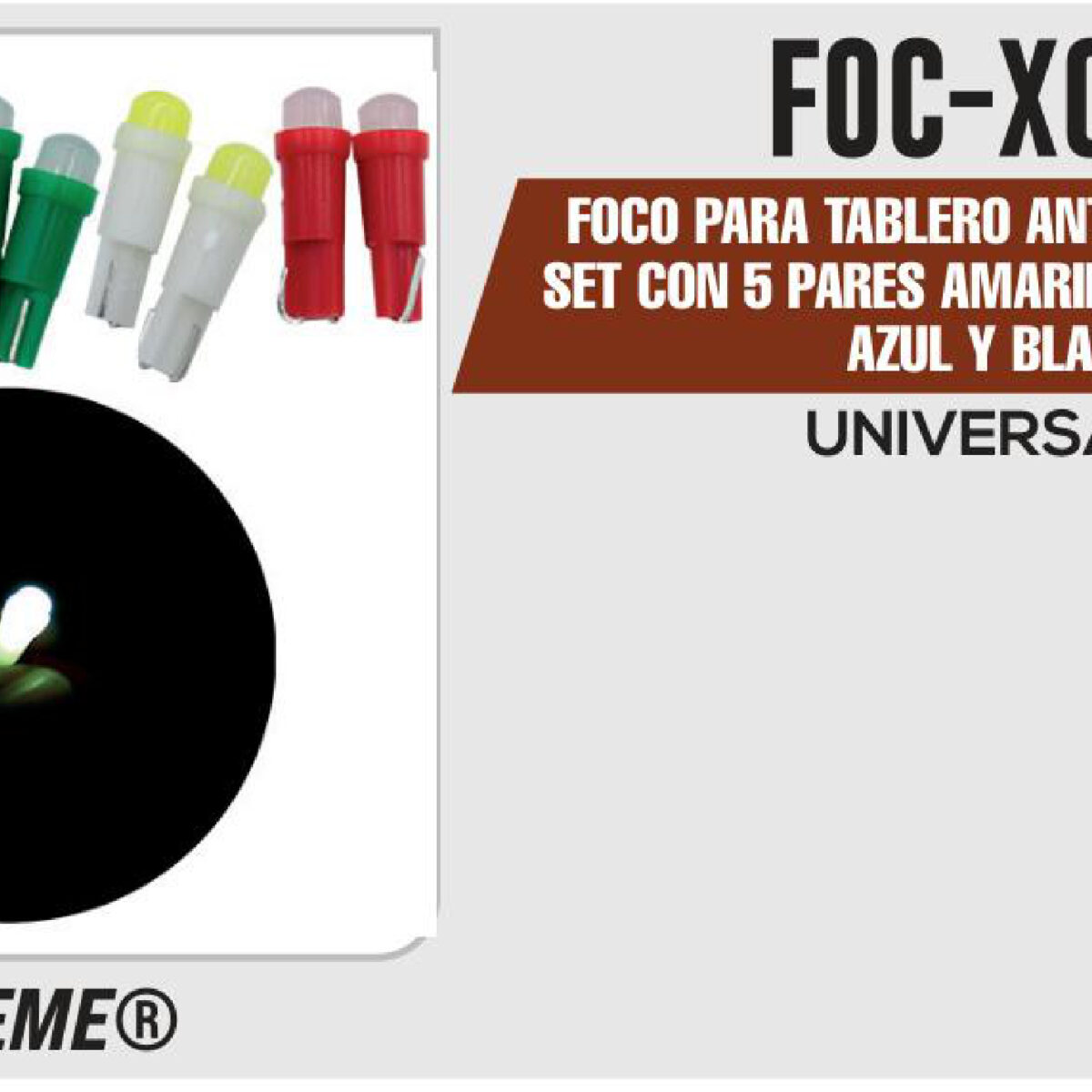 FOCO PARA TABLERO ANTIGOLPES 12Vcc SET CON 5 PARES AMARILLO, ROJO, VERDE, AZUL Y BLANCO