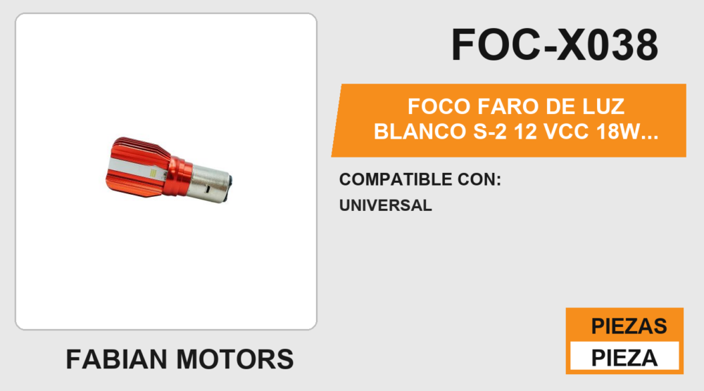 FOCO FARO DE LUZ BLANCO S-2 12 Vcc 18W 1800LM