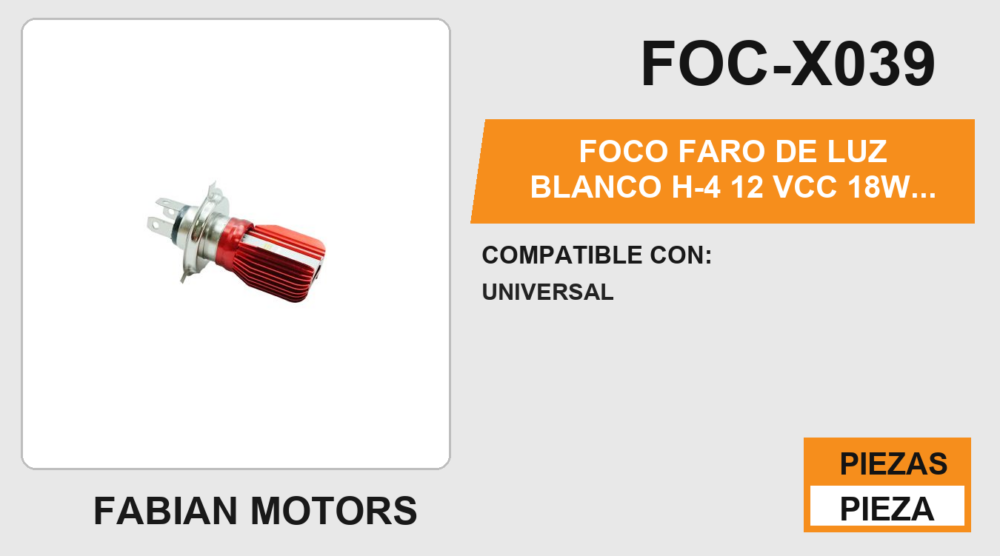FOCO FARO DE LUZ BLANCO H-4 12 Vcc 18W 1800LM