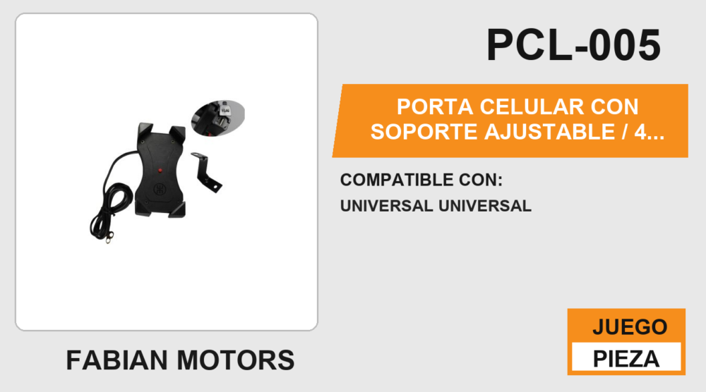 PORTA CELULAR CON SOPORTE AJUSTABLE 4 PUNTOS DE AGARRE CON CARGADOR USB ENTRADA 12Vcc / SALIDA 5Vcc / 2A / 10.5W