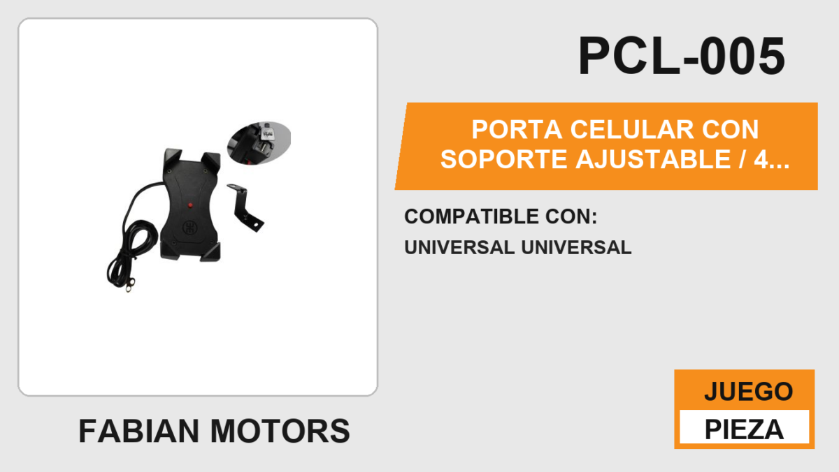 PORTA CELULAR CON SOPORTE AJUSTABLE 4 PUNTOS DE AGARRE CON CARGADOR USB ENTRADA 12Vcc / SALIDA 5Vcc / 2A / 10.5W