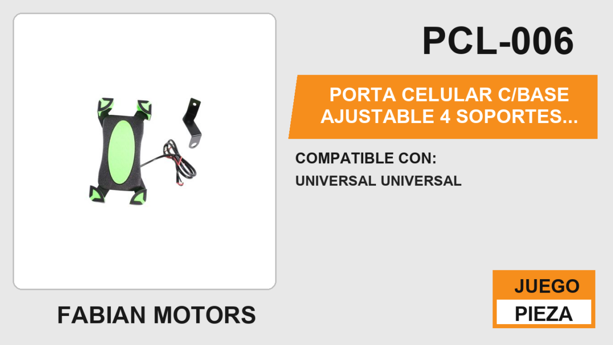 PORTA CELULAR PLASTICO C/BASE AJUSTABLE 4 SOPORTES C/CARGADOR USB ENTRADA 12Vcc / SALIDA 5Vcc / 2.1A / 10.7W