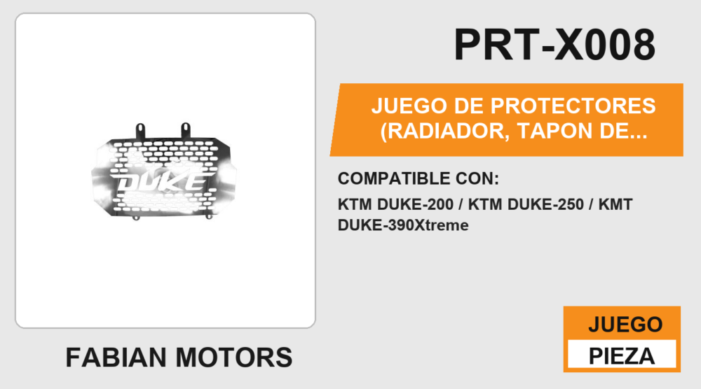 JUEGO DE PROTECTORES (RADIADOR, TAPON DE GASOLINA, LIQUIDO DE FRENO, DEPOSITO TRASERO, SOPORTE DE MANUBRIO) ACERO INOXIDABLE