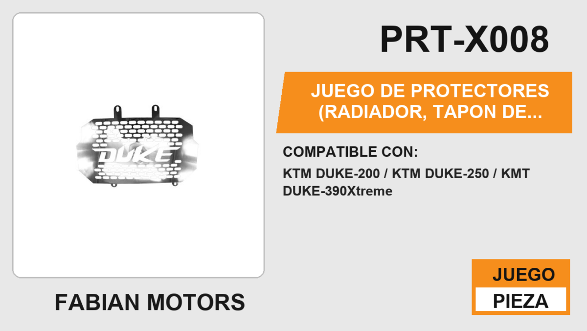 JUEGO DE PROTECTORES (RADIADOR, TAPON DE GASOLINA, LIQUIDO DE FRENO, DEPOSITO TRASERO, SOPORTE DE MANUBRIO) ACERO INOXIDABLE