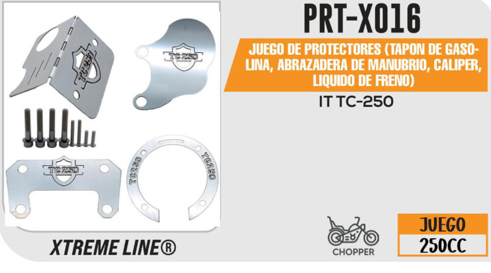 JUEGO DE PROTECTORES (TAPON DE GASOLINA, ABRAZADERA DE MANUBRIO, CALIPER, LIQUIDO DE FRENO) ACERO INOXIDABLE