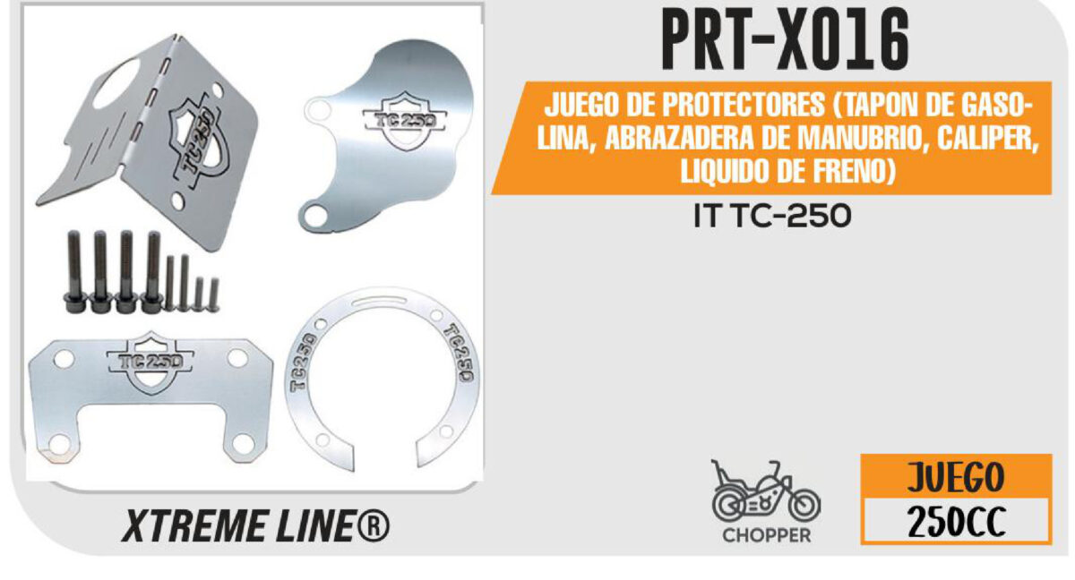 JUEGO DE PROTECTORES (TAPON DE GASOLINA, ABRAZADERA DE MANUBRIO, CALIPER, LIQUIDO DE FRENO) ACERO INOXIDABLE