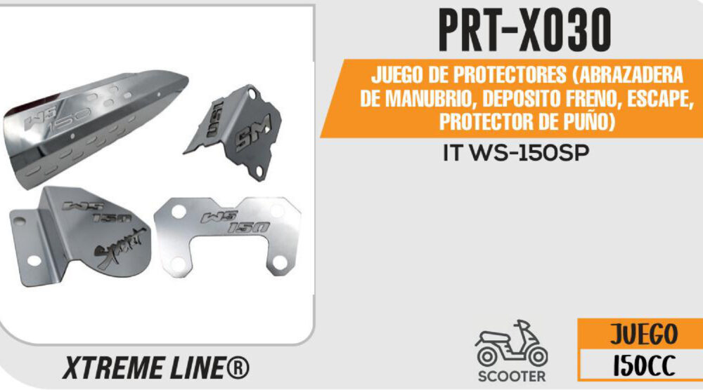 JUEGO DE PROTECTORES (ABRAZADERA DE MANUBRIO, DEPOSITO FRENO, ESCAPE, CALIPER) ACERO INOXIDABLE