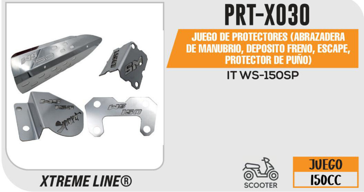 JUEGO DE PROTECTORES (ABRAZADERA DE MANUBRIO, DEPOSITO FRENO, ESCAPE, CALIPER) ACERO INOXIDABLE