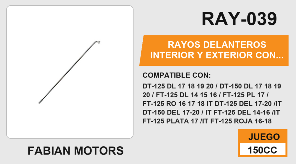 RAYOS DELANTEROS INTERIOR Y EXTERIOR CON NIPLE 170 x 32mm