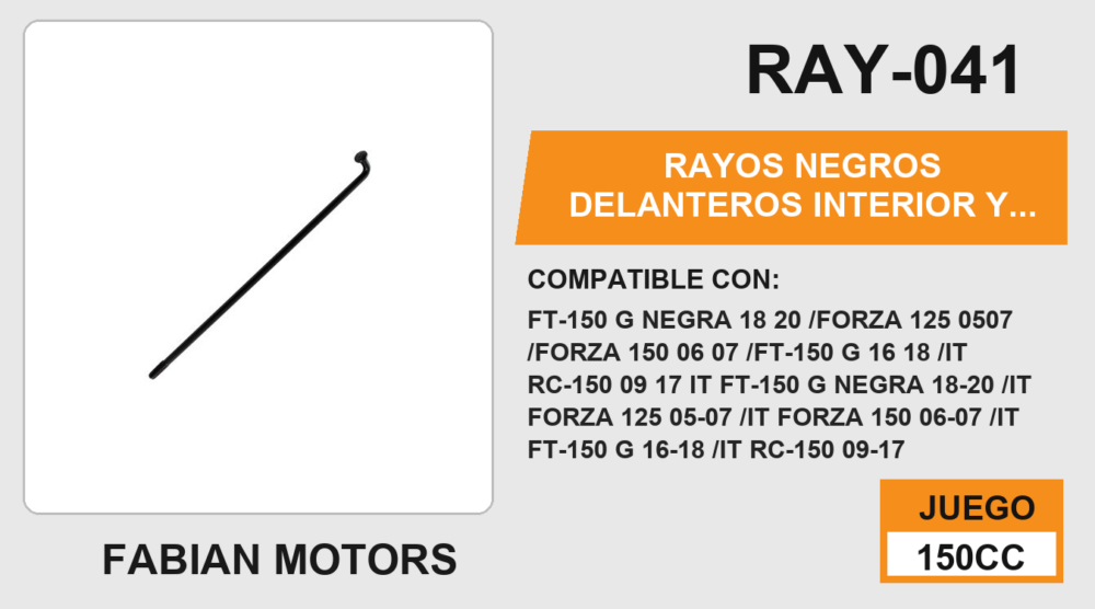 RAYOS NEGROS DELANTEROS INTERIOR Y EXTERIOR CON NIPLE 160 x 4mm