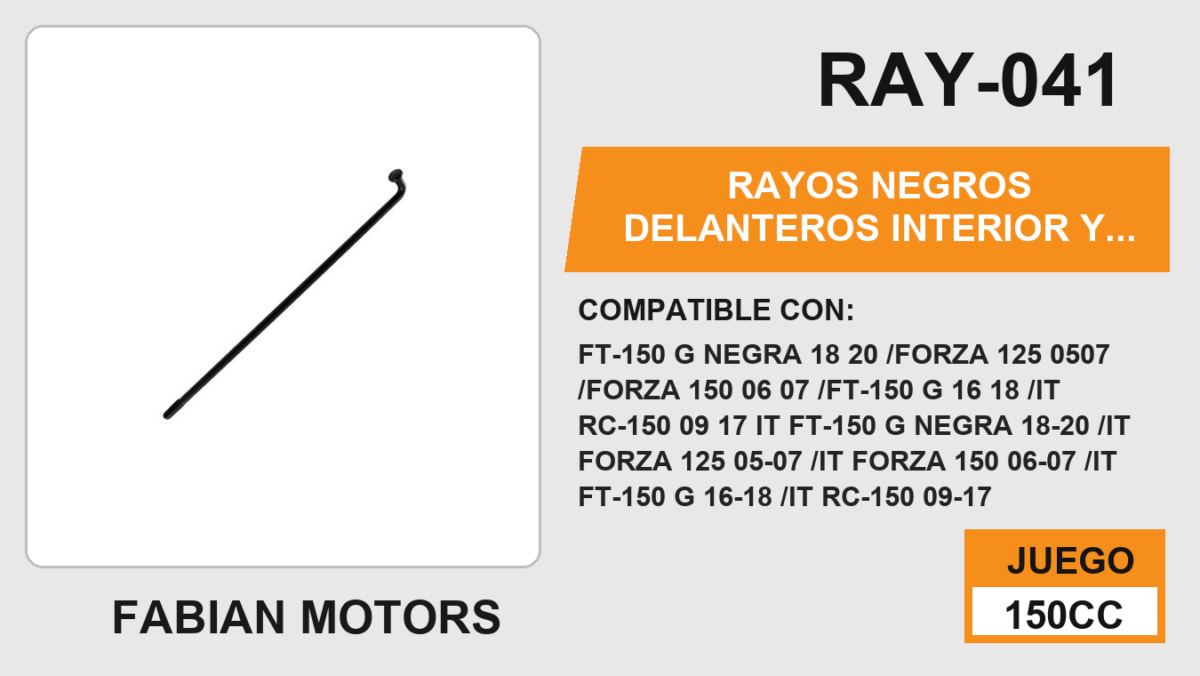 RAYOS NEGROS DELANTEROS INTERIOR Y EXTERIOR CON NIPLE 160 x 4mm