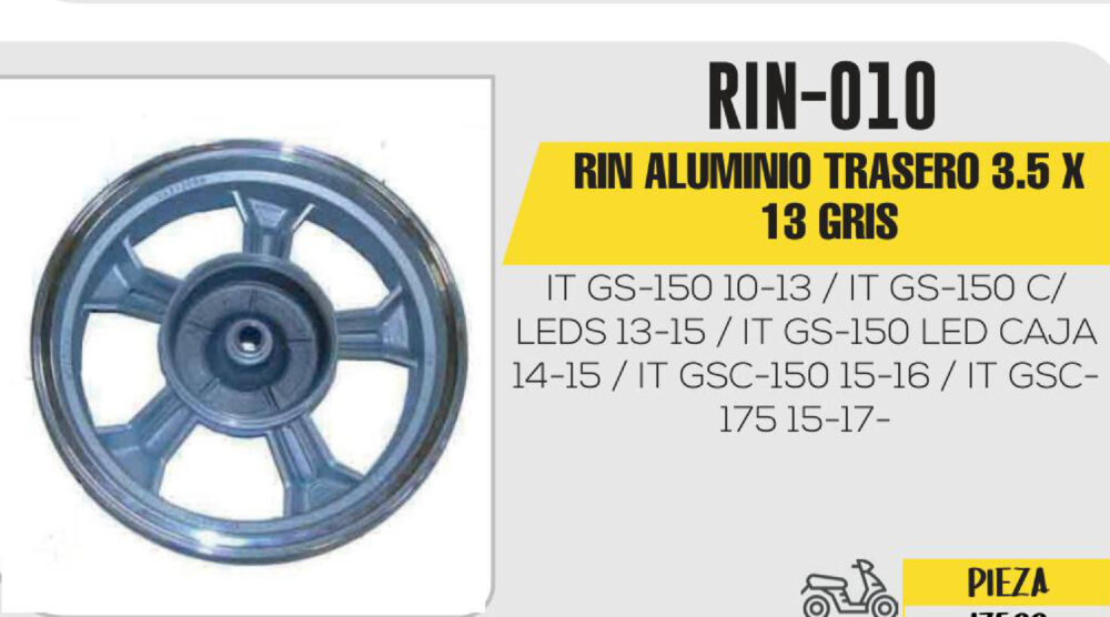 RIN ALUMINIO TRASERO 3.5 X 13 GRIS 13"
