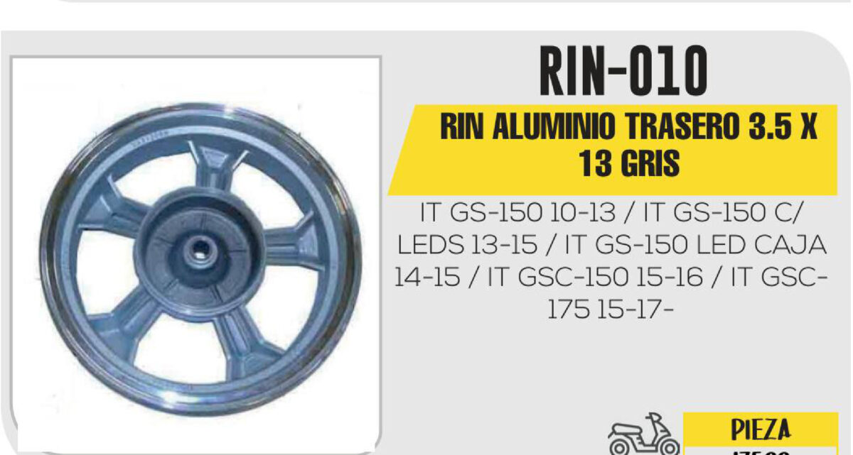 RIN ALUMINIO TRASERO 3.5 X 13 GRIS 13"