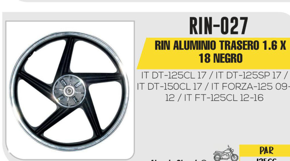RIN ALUMINIO TRASERO 1.6 X 18 NEGRO 18"