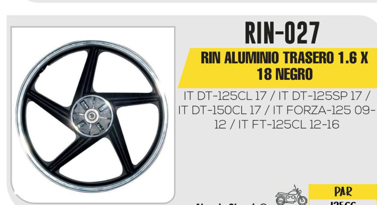 RIN ALUMINIO TRASERO 1.6 X 18 NEGRO 18"