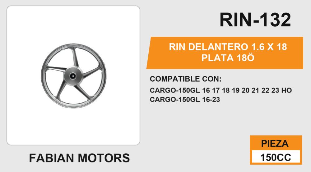RIN DELANTERO 1.6 X 18 PLATA 18”