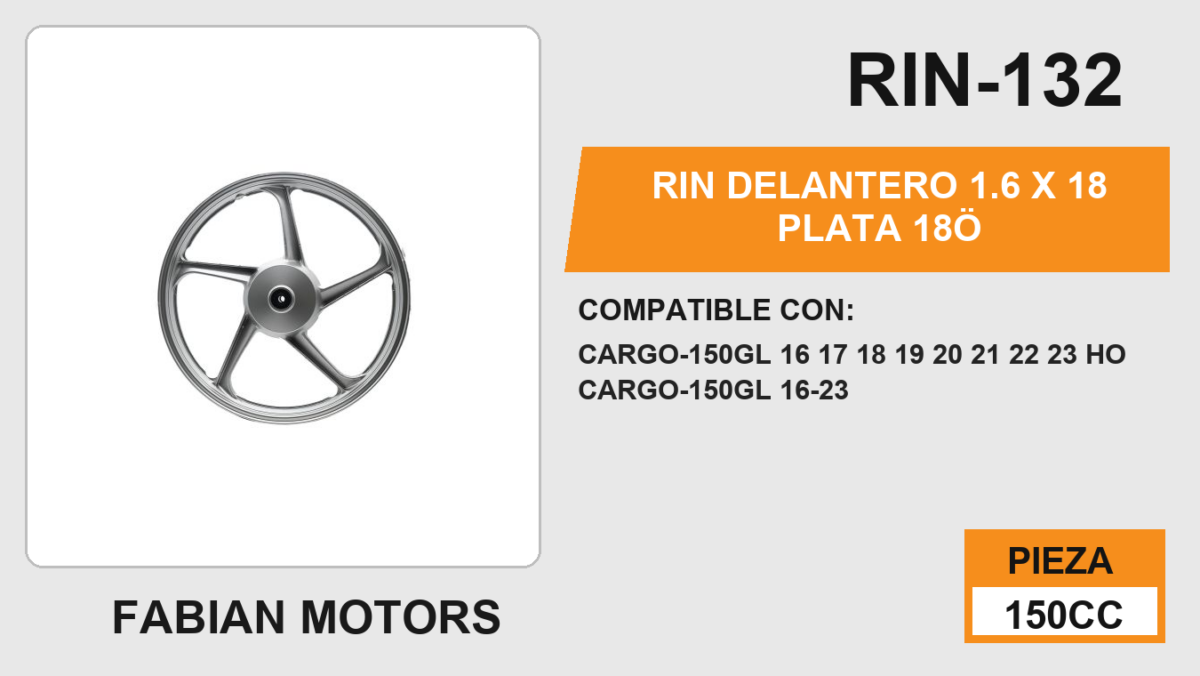 RIN DELANTERO 1.6 X 18 PLATA 18”
